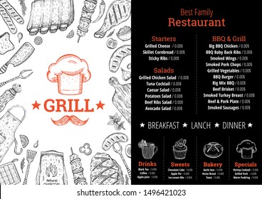 BBQ & grill restaurant menu. Barbeque meat graphic. Cafe poster, menu, leaflet, flyer, invitation design. Trendy hipster template with chef hat label, doodle food illustrations. Vintage sketch vector