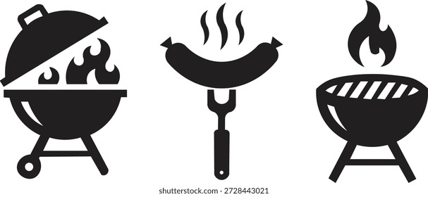 Churrasco Grill, Salsicha no garfo, e ícones de grelhar, Fogo Cozinhar Ferramentas, Barbecue Alimentos Preparação de vetores, Ilustrações de churrasco de alta qualidade, Símbolo de grelha ao ar livre, Ícones de cozinha para restaurante Menu