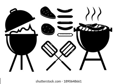 Bbq grill, sausages and steak black icons set. Spatula and barbeque fork isolated on white background. Vector EPS10 illustration