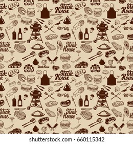 BBQ and Grill seamless pattern. Grilled meat, kitchen tools. Design element for poster, wrapping paper. Vector illustration