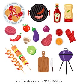 BBQ grill set. Collection of food, ingredients and kitchenware for grilling meat, vegetables and kebab on barbecue. Outdoor backyard picnic concept. Cartoon flat vector illustration