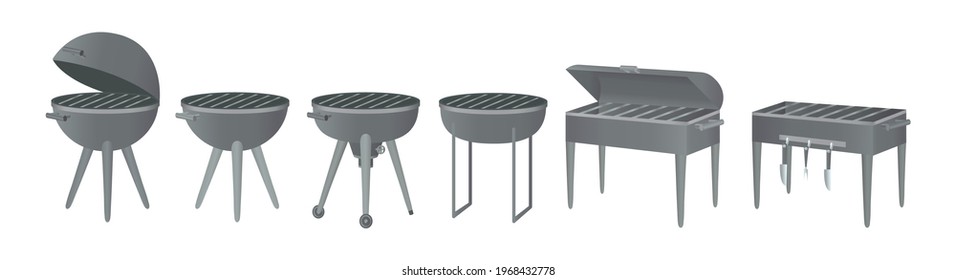 BBQ grill. Set of silver grills, round and square, with grill for cooking, street tool for cooking food, with and without lids, isolated on white background