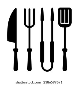 BBQ Grill Set solid icon, BBQ concept, Roasting grill tools sign on white background, Spatula, Fork, Tongs and Knife icon in glyph style for mobile concept and web design. Vector graphics