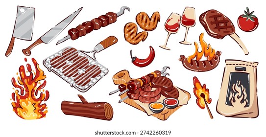BBQ grill set with steaks, sausages, skewers, chicken wings, cleaver, knife, grill rack and fire flames. BBQ grill set in bold cartoon style for menu, packaging and branding. Vector illustration.