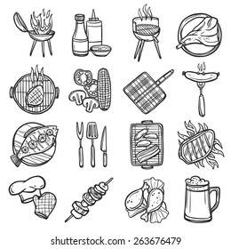 Bbq Grill Sketch Decorative Icons Set With Meat Sauces And Kitchen Equipment Isolated Vector Illustration