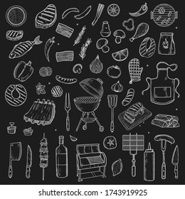 BBQ and grill sketch objects isolated on black background. Hand drawn barbecue elements. Grill menu design template on blackboard.