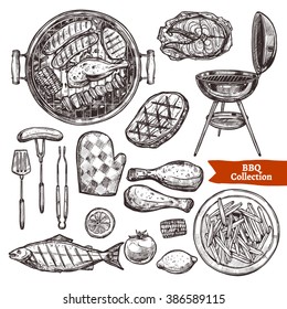 Bbq Grill Sketch Set. Hand Drawn Barbecue Collection