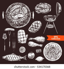 Bbq Grill Sketch Set On Chalkboard. Hand Drawn Barbecue Collection