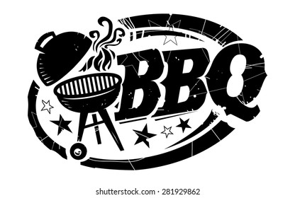 BBQ Grill with Smoke and Stars Text Graphic in black with distressed texture