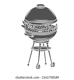 BBQ grill with and steak silhouette glyph icon, engraved monochrome illustration. Round kettle barbecue