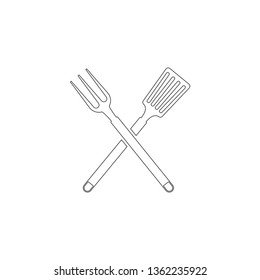 BBQ or grill tools. Crossed barbecue fork with spatula. simple flat vector icon illustration. outline line symbol - editable stroke