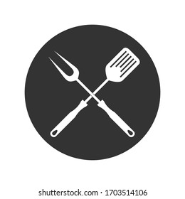 BBQ Or Grill Tools Graphic  Icon. Crossed Barbecue Fork With Spatula Sign In The Circle Isolated On White Background. Silhouettes BBQ Tools. Vector Illustration