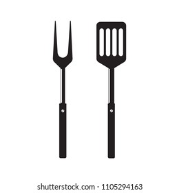 BBQ or grill tools icon. Barbecue fork with spatula. Black simple silhouette. Symbol Template Logo. Vector illustration flat design. Isolated on white background.