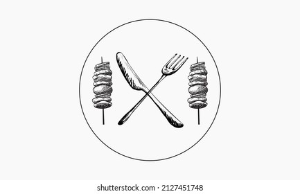 BBQ oder Grill Tools Symbol. Grillgabel mit Spatel, Brot und Brille. Wurst auf einer Gabel. Vektorgrafik.