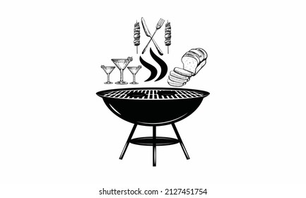 BBQ or grill tools icon. Barbecue fork with spatula, bread and glasses. Sausage on a fork. Vector illustration.