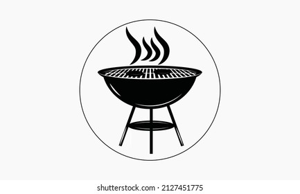 BBQ or grill tools icon. Barbecue fork with spatula, bread and glasses. Sausage on a fork. Vector illustration.