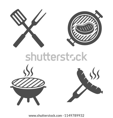 BBQ or grill tools icon. Barbecue fork with spatula. Sausage on a fork. Vector illustration.