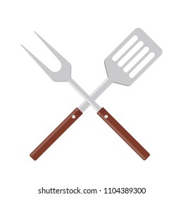 BBQ or grill tools icon. Crossed barbecue fork with spatula. Symbol Template Logo. Vector illustration flat design. Isolated on white background.