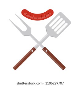 BBQ Or Grill Tools Icon. Crossed Barbecue Fork And Spatula With Grilled Sausage. Symbol Template Logo. Vector Illustration Flat Design. Isolated On White Background.