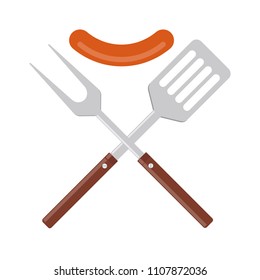 BBQ or grill tools icon. Crossed barbecue fork and spatula with sausage. Symbol Template Logo. Vector illustration flat design. Isolated on white background.