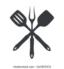 BBQ or grill tools icon. Crossed barbecue fork with spatula. Vector illustration.