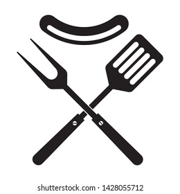 BBQ or grill tools icon. Crossed barbecue fork and spatula with sausage. Symbol template logo. Isolated vector illustration on white background.