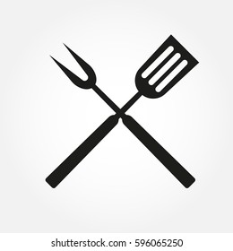 BBQ or grill tools icon. Crossed barbecue fork with spatula. Vector illustration.