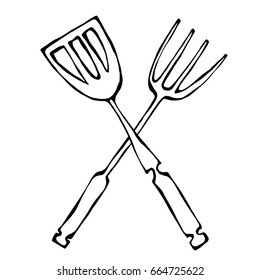 BBQ Or Grill Tools Icon. Crossed Barbecue Fork With Spatula. Isolated On A White Background. Realistic Doodle Cartoon Style Hand Drawn Sketch Vector Illustration.