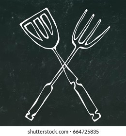 BBQ or Grill Tools Icon. Crossed Barbecue Fork with Spatula. Isolated on a Black Chalkboard Background. Realistic Hand Drawn Sketch Vector Illustration. Savoyar Doodle Style