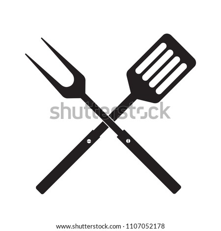 BBQ or grill tools icon. Crossed barbecue fork with spatula. Black simple silhouette. Symbol Template Logo. Vector illustration flat design. Isolated on white background.