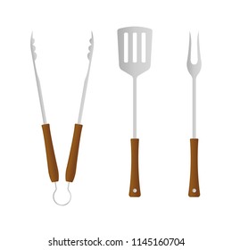 BBQ and grill tools icon set. Barbecue utensil: spatula, fork and tongs. Vector illustration.