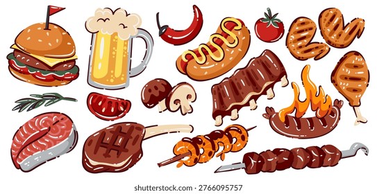 BBQ grill tools set with steaks, sausages, skewers, knives, cleaver, grill rack, fire, charcoal bag, wine glasses and sauces. BBQ elements in bold cartoon outline style, vector illustration.
