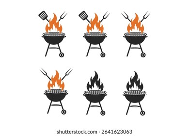 BBQ Grill and Utensil Icons Collection – Barbecue Flames, Forks, and Spatulas Vector Set

