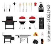 BBQ grill vector icon set. Barbeque accessories. Summer barbecue picnic: grill, stove, firewood, gas, bbq tools, apron and knives 