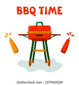 BBQ grill vector illustration with bottle of ketchup and mustard and hand drawn inscription BBQ time - Isolated on white