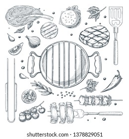 BBQ and grill vector sketch illustration. Top view objects set, isolated on white background. Barbecue food, equipment and tools. Picnic menu design elements.