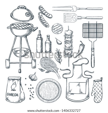 BBQ and grill vector sketch illustration. Barbecue set, isolated on white background. Food, utensil equipment and tools. Picnic menu design elements.
