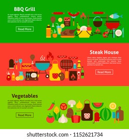 BBQ Grill Web Banners. Flat Style Vector Illustration for Website Header.