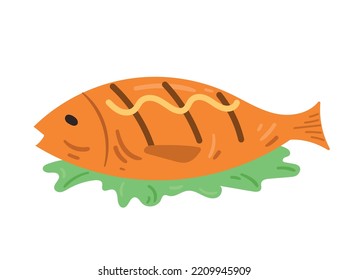 BBQ grilled fish. Meat on lettuce leaf with mustard. Delicacy and gourmet. Picnic and barbecue, leisure. Proteins and carbohydrates, fast food. Poster or banner. Cartoon flat vector illustration