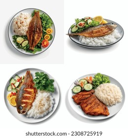BBQ grilled fish in soy sauce with vegetables and white rice in an isolated white background 3D vector graphic for restaurant dish