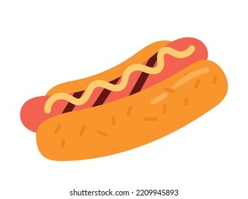BBQ grilled hot dog. Fried sausage with mustard in loaf. traditional american cuisine, recipe and fast food. Poster or banner for website, social media icon. Cartoon flat vector illustration