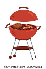 BBQ grilled meat. Outdoor leisure, vacation and holiday. Tasty food, protein, steak. Pork or beef. Barbecue equipment, kitchen tools. Poster or banner for website. Cartoon flat vector illustration