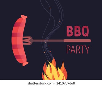 BBQ grilled sausages flat hand drawn vector color icon. Barbecue picnic design element. Grilling pork sausage fork emblem. Grill bbq restaurant party sign. Isolated Scandinavian cartoon illustration