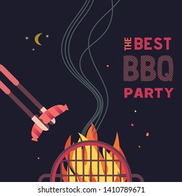 BBQ grilled sausages flat hand drawn vector color icon. Barbecue design element. Grilling pork sausage camping fire cartoon. Grill bbq picnic party sign. Meat restaurant menu background illustration