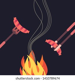 BBQ grilled sausages flat hand drawn vector color icon. Barbecue element design. Grilling pork sausage fork, tongs cartoon. Grill bbq picnic party sign. Isolated Scandinavian background illustration