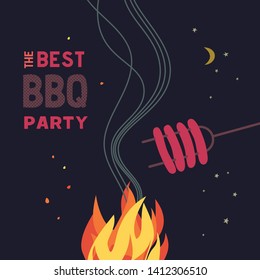 BBQ grilled sausages flat hand drawn vector color icon. Barbecue design element. Grilling pork sausage camping fire cartoon. Grill bbq picnic party sign. Meat restaurant menu background illustration