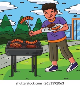 BBQ and Grilling Boy Putting Food on Plate Colored