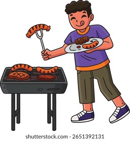 BBQ and Grilling Boy Putting Food on Plate Clipart