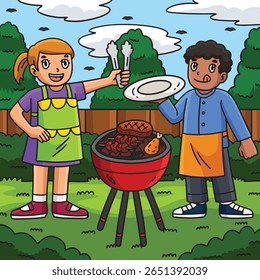 churrasco e grelhar com crianças colorido desenhos animados 