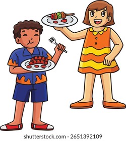churrasco e grelhar crianças comendo clipart de desenhos animados 